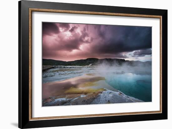 Lightining Illuminates The Sunset Sky Over Biscuit Basin, Yellowstone National Park-Bryan Jolley-Framed Photographic Print