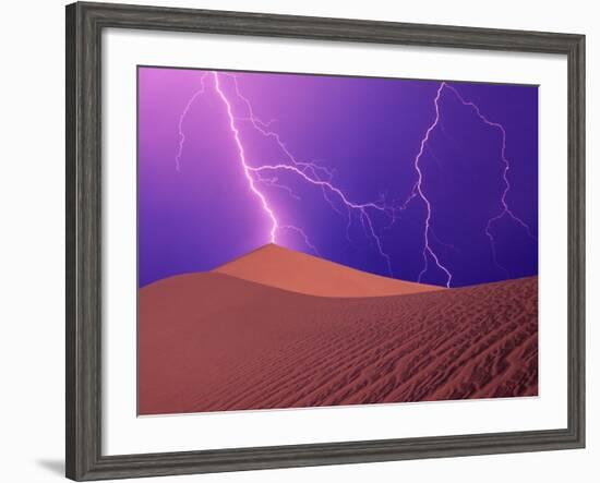 Lightning Bolts Striking Sand Dunes, Death Valley National Park, California, USA-Steve Satushek-Framed Photographic Print