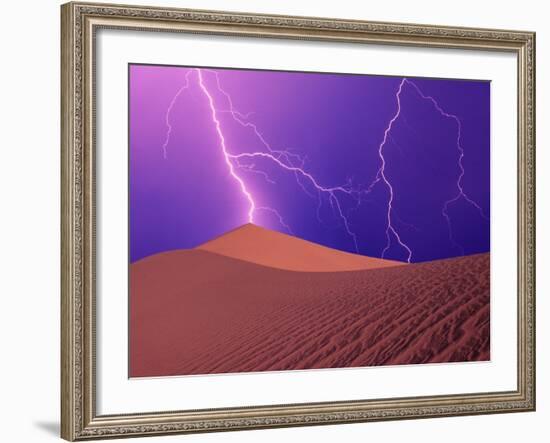 Lightning Bolts Striking Sand Dunes, Death Valley National Park, California, USA-Steve Satushek-Framed Photographic Print