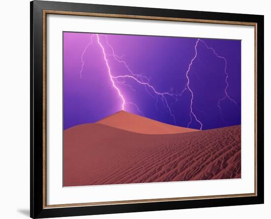 Lightning Bolts Striking Sand Dunes, Death Valley National Park, California, USA-Steve Satushek-Framed Photographic Print