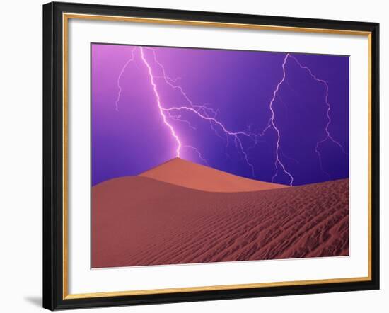 Lightning Bolts Striking Sand Dunes, Death Valley National Park, California, USA-Steve Satushek-Framed Photographic Print