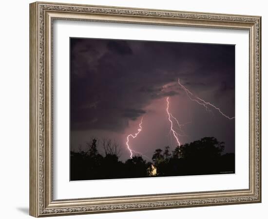 Lightning Over Floodlit Building, Pusztaszer, Hungary-Bence Mate-Framed Photographic Print