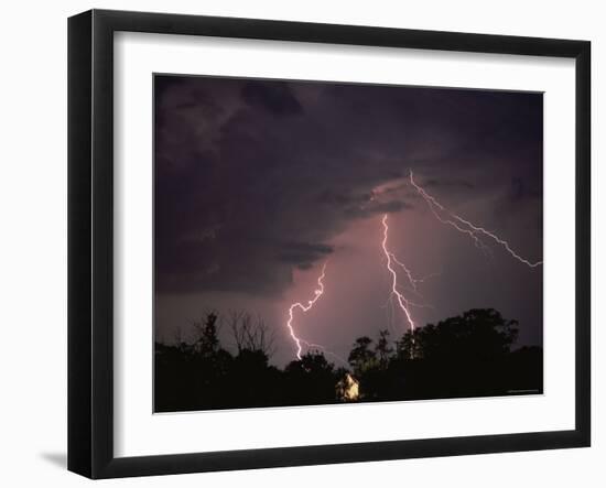 Lightning Over Floodlit Building, Pusztaszer, Hungary-Bence Mate-Framed Photographic Print