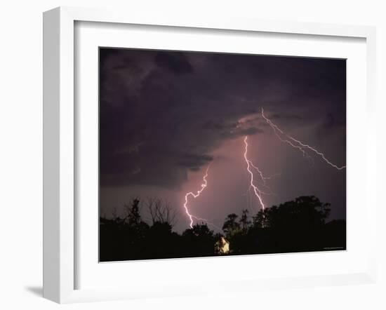 Lightning Over Floodlit Building, Pusztaszer, Hungary-Bence Mate-Framed Photographic Print