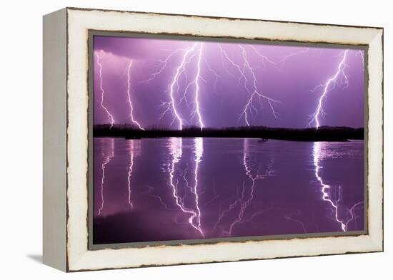 Lightning storm over Lake Csaj, Hungary-Bence Mate-Framed Premier Image Canvas
