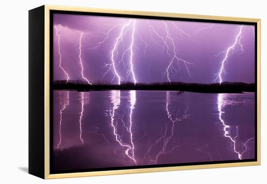 Lightning storm over Lake Csaj, Hungary-Bence Mate-Framed Premier Image Canvas