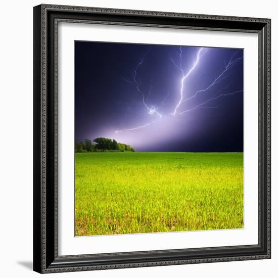 Lightning Strike over a Field-Leonid Tit-Framed Photographic Print