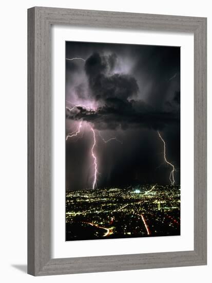 Lightning Strikes At Night In Tucson, Arizona, USA-Keith Kent-Framed Photographic Print