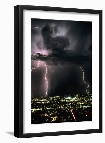 Lightning Strikes At Night In Tucson, Arizona, USA-Keith Kent-Framed Photographic Print