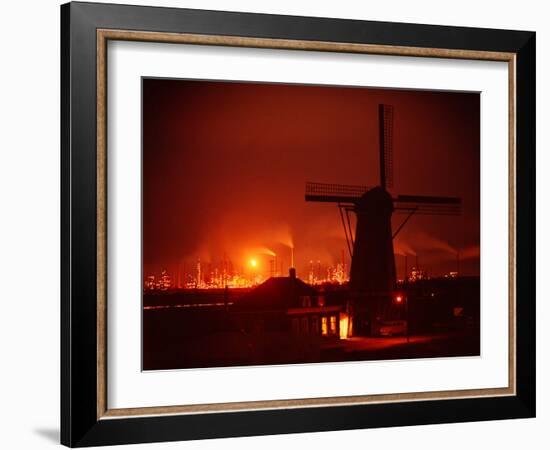 Lights and Fires of Pernis Refinery Glowing Behind Silhouetted Windmill-Ralph Crane-Framed Photographic Print