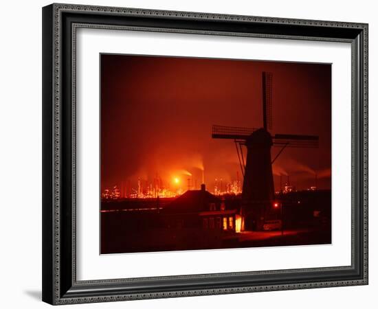 Lights and Fires of Pernis Refinery Glowing Behind Silhouetted Windmill-Ralph Crane-Framed Photographic Print