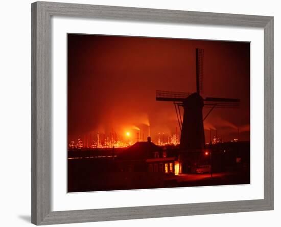 Lights and Fires of Pernis Refinery Glowing Behind Silhouetted Windmill-Ralph Crane-Framed Photographic Print