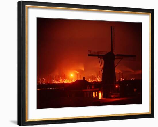 Lights and Fires of Pernis Refinery Glowing Behind Silhouetted Windmill-Ralph Crane-Framed Photographic Print