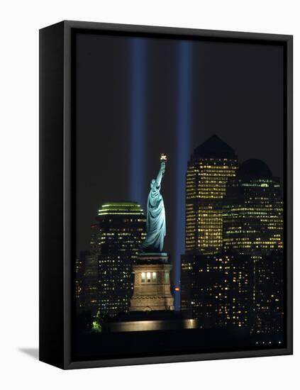 Lights from the Former World Trade Center Site Can be Seen on Both Sides of the Statue of Liberty-null-Framed Premier Image Canvas