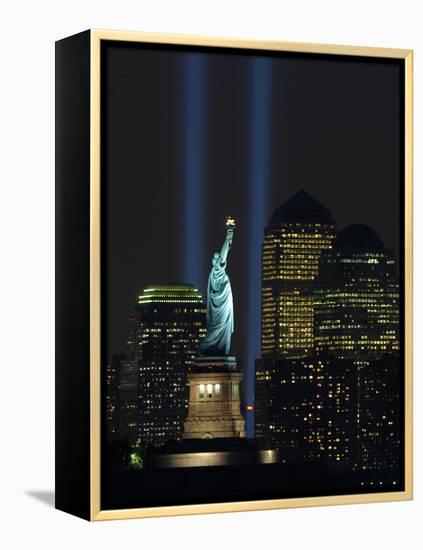 Lights from the Former World Trade Center Site Can be Seen on Both Sides of the Statue of Liberty-null-Framed Premier Image Canvas