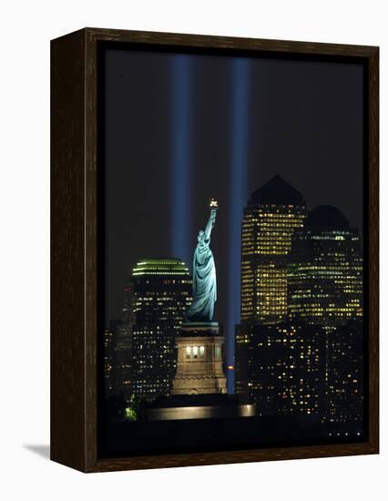 Lights from the Former World Trade Center Site Can be Seen on Both Sides of the Statue of Liberty-null-Framed Premier Image Canvas