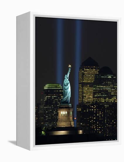 Lights from the Former World Trade Center Site Can be Seen on Both Sides of the Statue of Liberty-null-Framed Premier Image Canvas