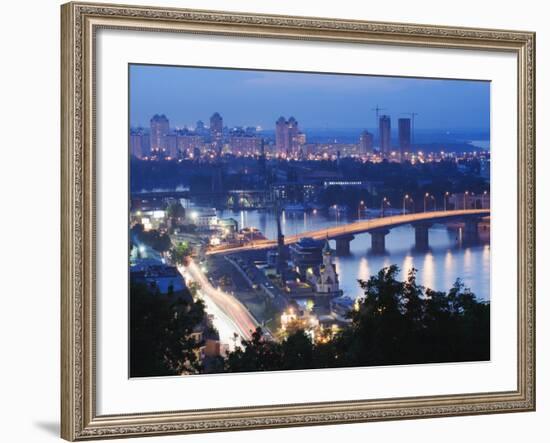 Lights Illuminating Podil District and Dnieper River Area at Night, Kiev, Ukraine, Europe-Christian Kober-Framed Photographic Print