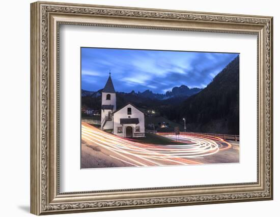 Lights of car trails around the Church of San Cipriano, Tires Valley, Dolomites, South Tyrol, Bolza-Roberto Moiola-Framed Photographic Print