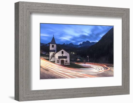 Lights of car trails around the Church of San Cipriano, Tires Valley, Dolomites, South Tyrol, Bolza-Roberto Moiola-Framed Photographic Print