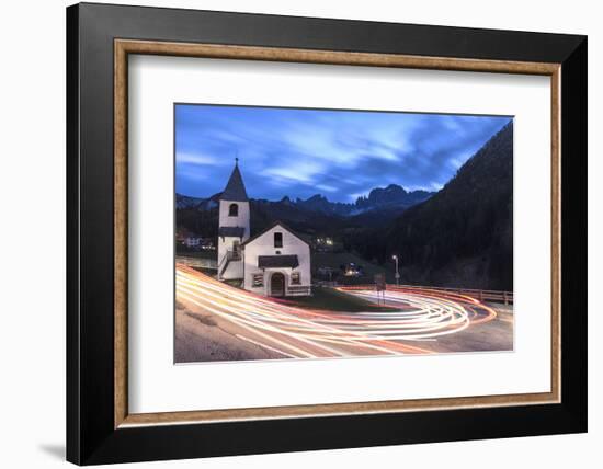 Lights of car trails around the Church of San Cipriano, Tires Valley, Dolomites, South Tyrol, Bolza-Roberto Moiola-Framed Photographic Print