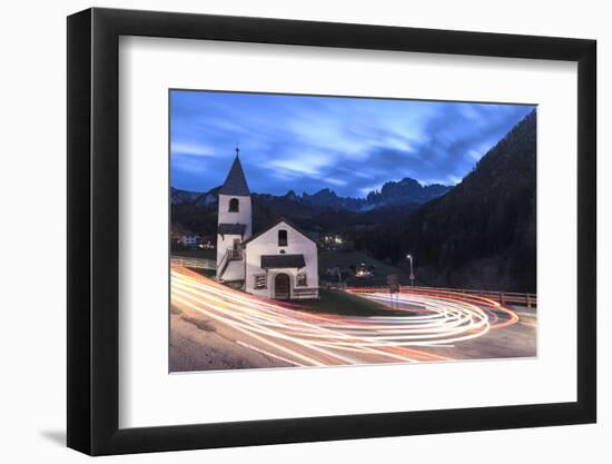Lights of car trails around the Church of San Cipriano, Tires Valley, Dolomites, South Tyrol, Bolza-Roberto Moiola-Framed Photographic Print