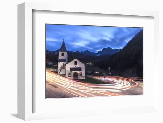 Lights of car trails around the Church of San Cipriano, Tires Valley, Dolomites, South Tyrol, Bolza-Roberto Moiola-Framed Photographic Print