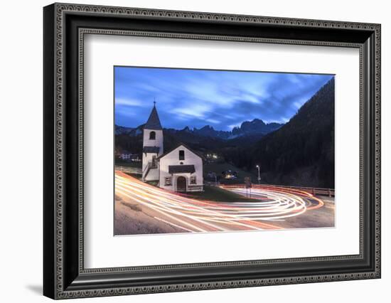 Lights of car trails around the Church of San Cipriano, Tires Valley, Dolomites, South Tyrol, Bolza-Roberto Moiola-Framed Photographic Print