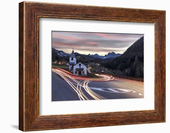 Lights of car trails around the Church of San Cipriano, Tires Valley, Dolomites, South Tyrol, Bolza-Roberto Moiola-Framed Photographic Print