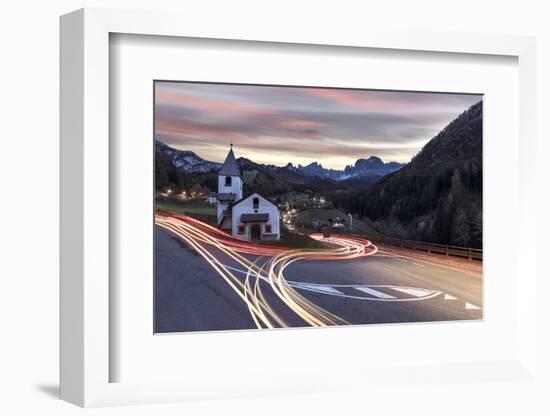 Lights of car trails around the Church of San Cipriano, Tires Valley, Dolomites, South Tyrol, Bolza-Roberto Moiola-Framed Photographic Print