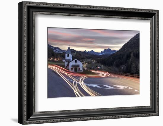 Lights of car trails around the Church of San Cipriano, Tires Valley, Dolomites, South Tyrol, Bolza-Roberto Moiola-Framed Photographic Print