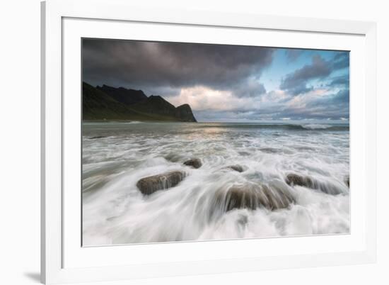 Lights of midnight sun lights up the waves of the blue sea, Unstad, Vestvagoy, Lofoten Islands, Nor-Roberto Moiola-Framed Photographic Print