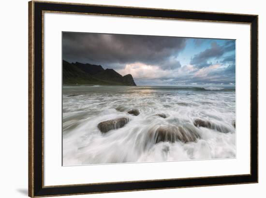 Lights of midnight sun lights up the waves of the blue sea, Unstad, Vestvagoy, Lofoten Islands, Nor-Roberto Moiola-Framed Photographic Print