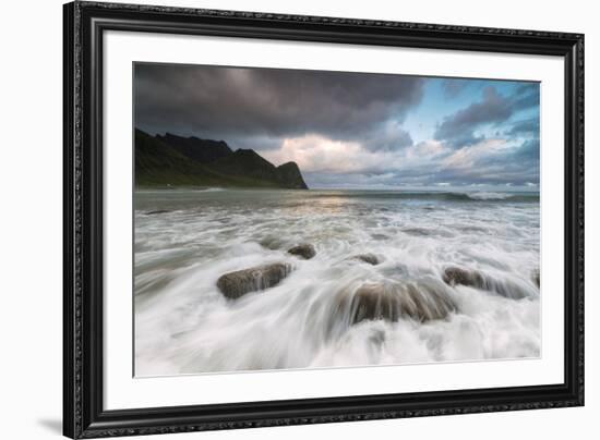 Lights of midnight sun lights up the waves of the blue sea, Unstad, Vestvagoy, Lofoten Islands, Nor-Roberto Moiola-Framed Photographic Print