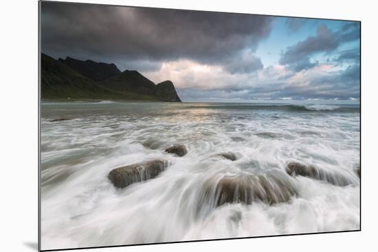 Lights of midnight sun lights up the waves of the blue sea, Unstad, Vestvagoy, Lofoten Islands, Nor-Roberto Moiola-Mounted Photographic Print