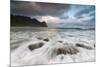 Lights of midnight sun lights up the waves of the blue sea, Unstad, Vestvagoy, Lofoten Islands, Nor-Roberto Moiola-Mounted Photographic Print