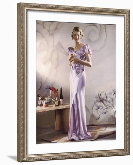 Lilac Satin Bias Cut Gown with Gathered Self-Coloured Belt Gored Skirt-null-Framed Photographic Print