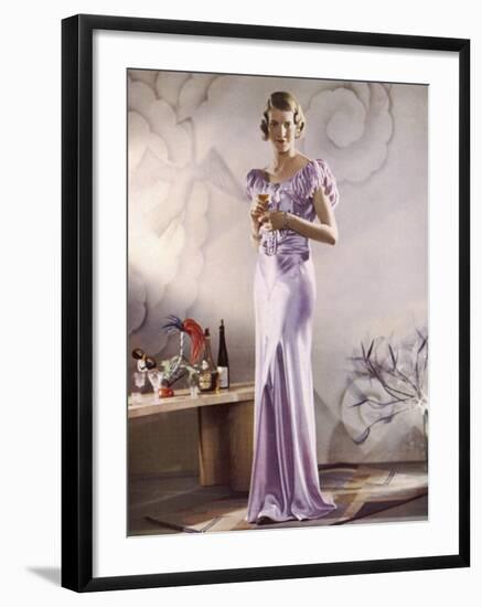 Lilac Satin Bias Cut Gown with Gathered Self-Coloured Belt Gored Skirt-null-Framed Photographic Print