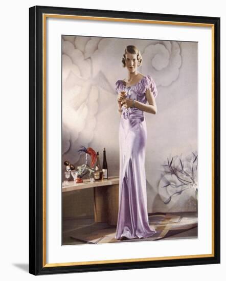 Lilac Satin Bias Cut Gown with Gathered Self-Coloured Belt Gored Skirt-null-Framed Photographic Print