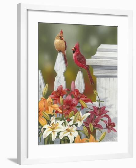 Lilies and Cardinals-William Vanderdasson-Framed Giclee Print