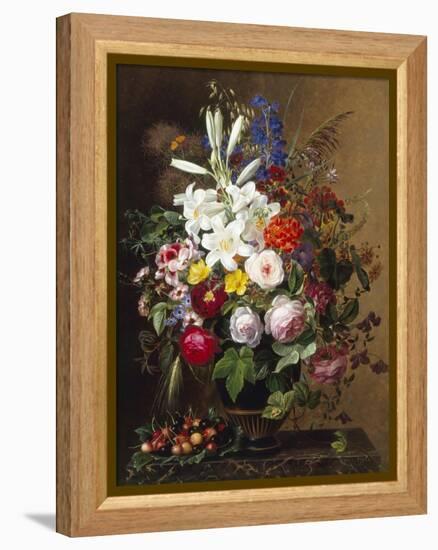 Lilies, Pelargonium and Roses in a Greek Vase-Johan Laurentz Jensen-Framed Premier Image Canvas