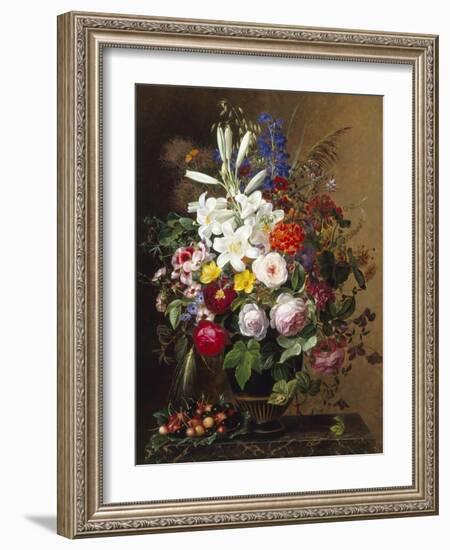 Lilies, Pelargonium and Roses in a Greek Vase-Johan Laurentz Jensen-Framed Giclee Print