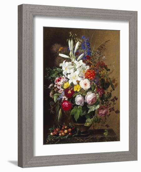 Lilies, Pelargonium and Roses in a Greek Vase-Johan Laurentz Jensen-Framed Giclee Print