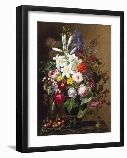 Lilies, Pelargonium and Roses in a Greek Vase-Johan Laurentz Jensen-Framed Giclee Print