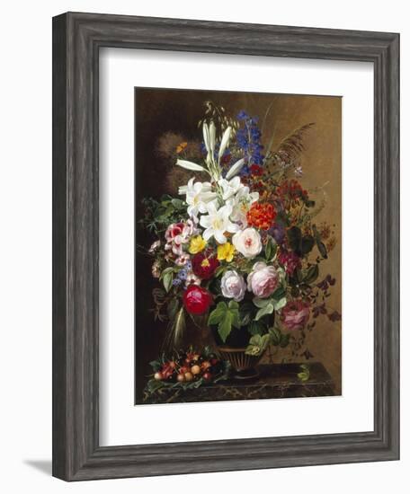 Lilies, Pelargonium and Roses in a Greek Vase-Johan Laurentz Jensen-Framed Giclee Print