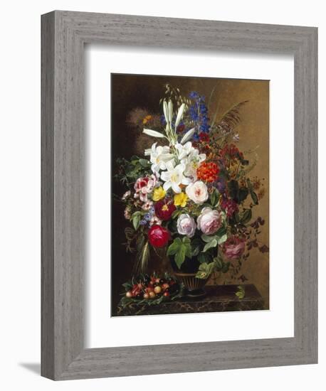 Lilies, Pelargonium and Roses in a Greek Vase-Johan Laurentz Jensen-Framed Giclee Print