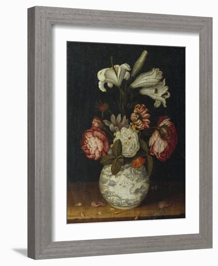 Lilies, Roses, a Marigold, and Other Flowers in a Blue and White Wan-Li Vase on a Ledge, 1656-Joseph Bail-Framed Giclee Print