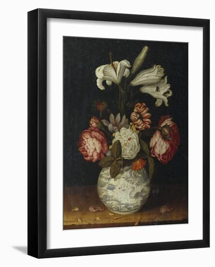 Lilies, Roses, a Marigold, and Other Flowers in a Blue and White Wan-Li Vase on a Ledge, 1656-Joseph Bail-Framed Giclee Print