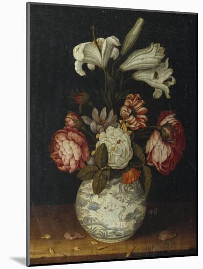 Lilies, Roses, a Marigold, and Other Flowers in a Blue and White Wan-Li Vase on a Ledge, 1656-Joseph Bail-Mounted Giclee Print