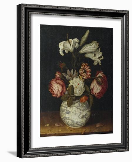 Lilies, Roses, a Marigold, and Other Flowers in a Blue and White Wan-Li Vase on a Ledge, 1656-Joseph Bail-Framed Giclee Print